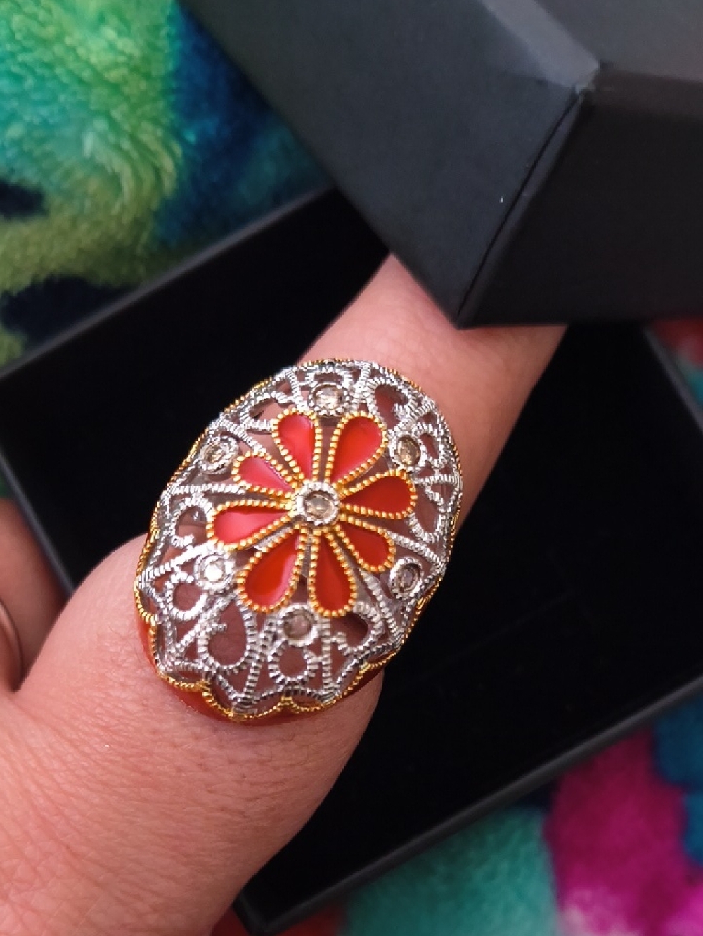 STUNNING Estate Find Sterling Silver Ring With Orange Enamel And Smoky Quartz